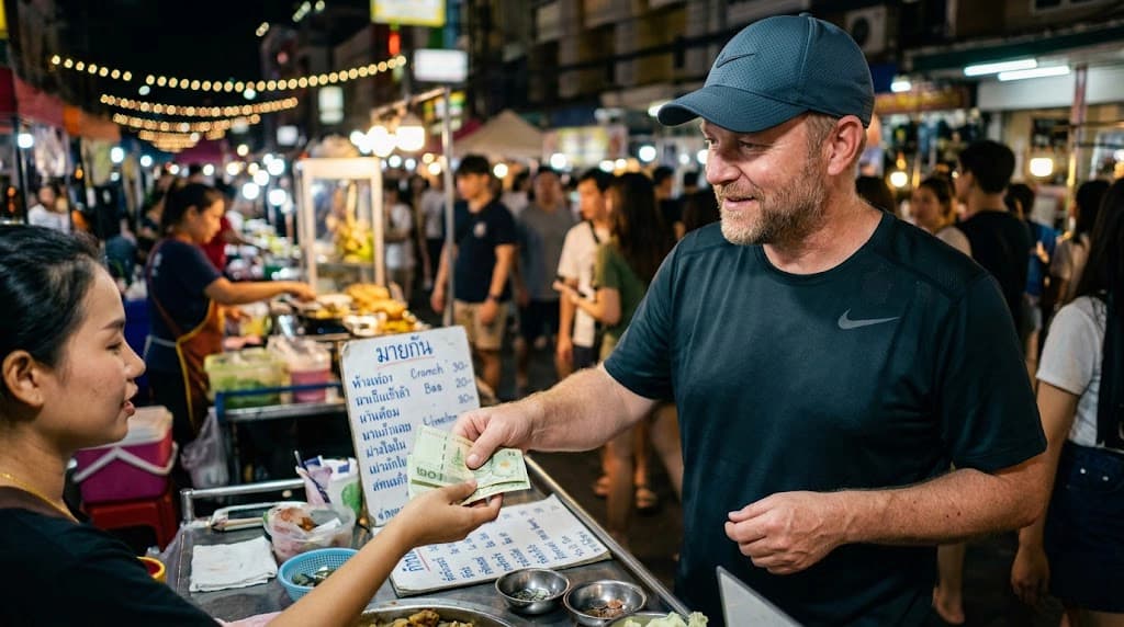 Traveler paying with cash at a Southeast Asia night market—logging real trip spending without relying on bank sync