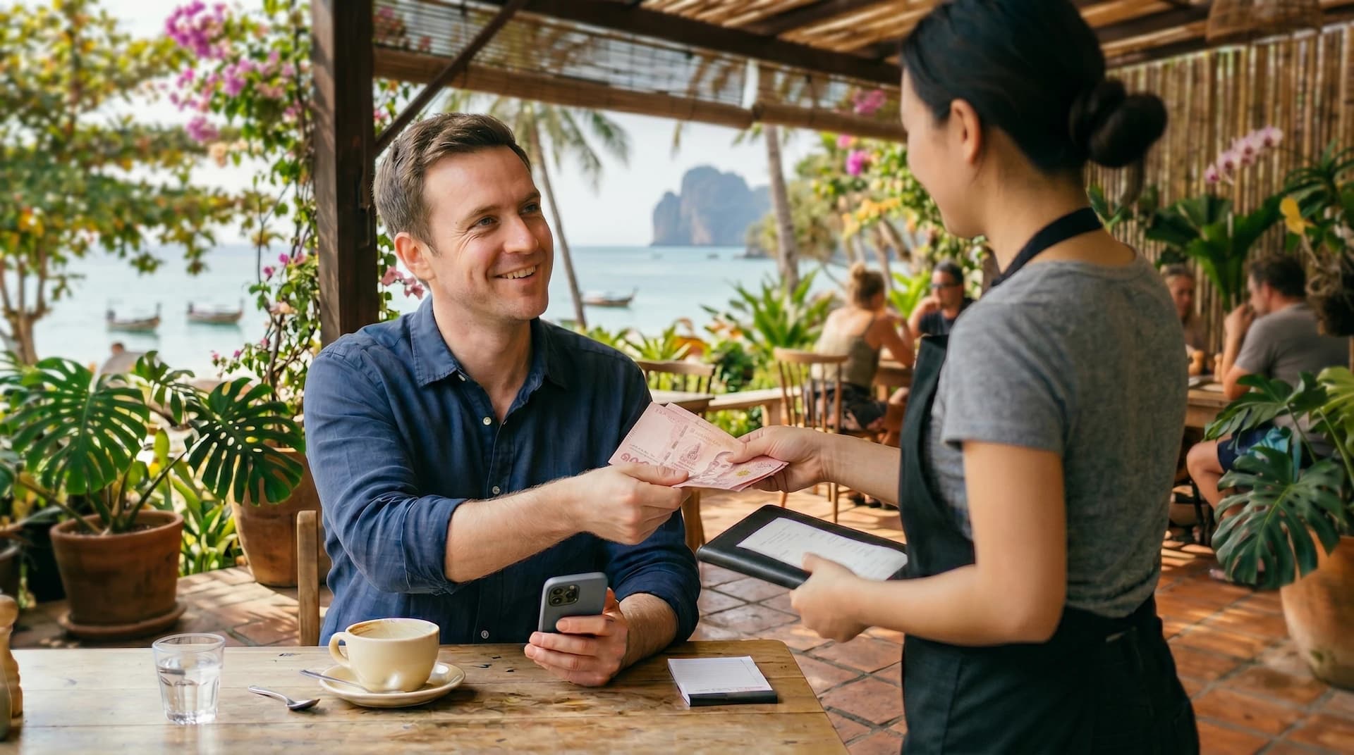 Digital nomad working with a laptop in a sunny destination outdoors