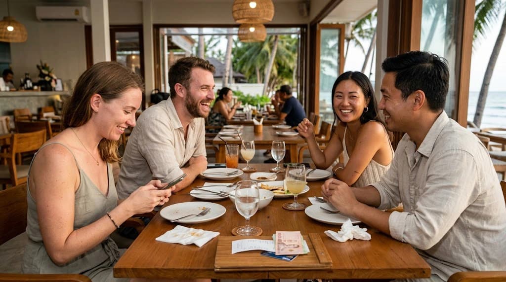Friends sharing a group meal; logging the real net cost matters for accurate expense tracking with SpendSnap