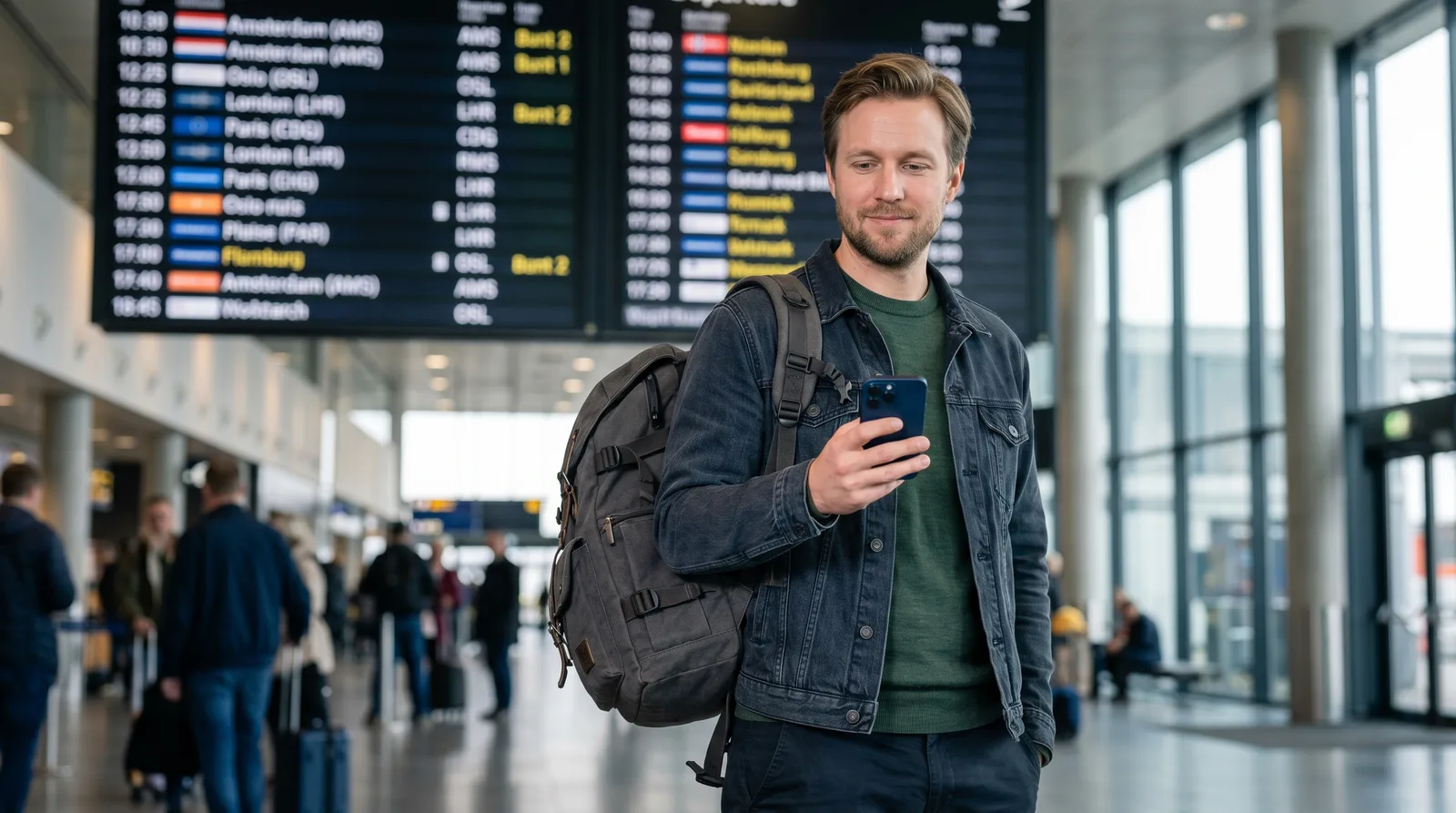 Traveler at an airport checking a phone while managing payments abroad