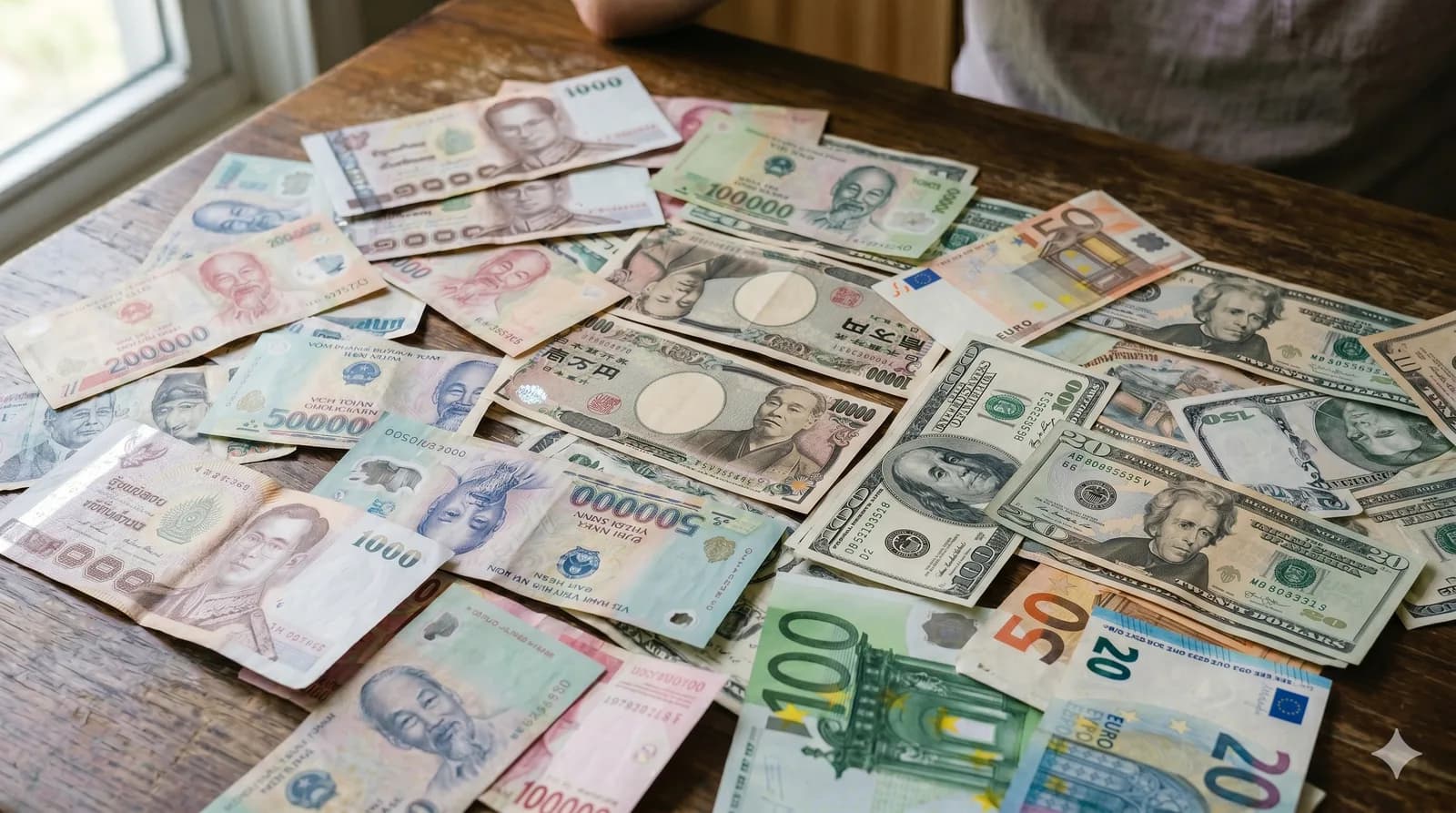 Mixed world currencies spread on a table, the kind of conversion a traveler needs on the road