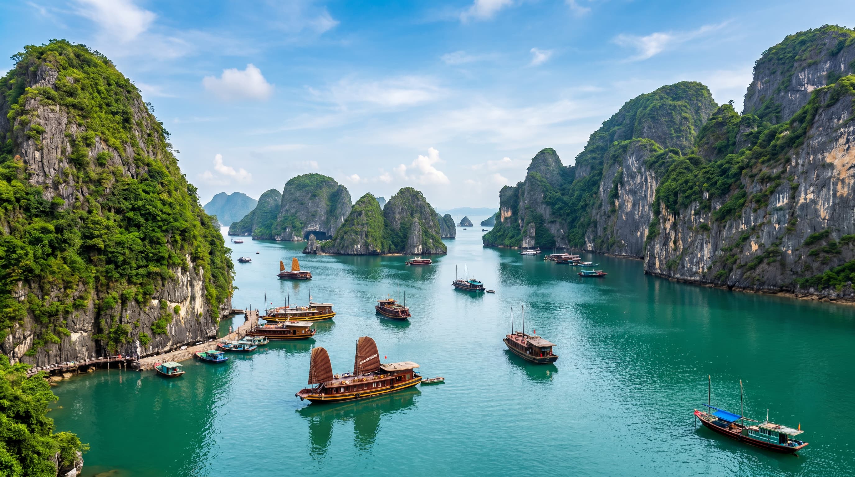 Wooden junk boats sailing between limestone karsts in the emerald water of Ha Long Bay, Vietnam